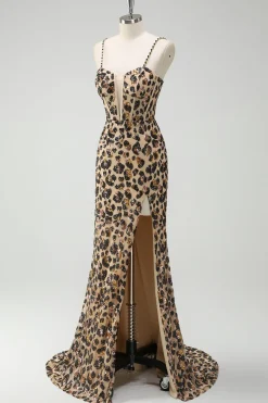 Khaki Leopard Sequins Sereia Esparguete Correias Vestido Espartilho Longo com Fenda