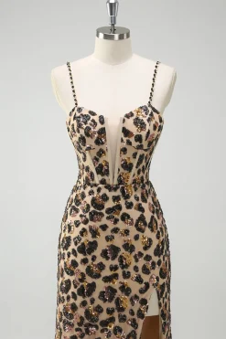 Khaki Leopard Sequins Sereia Esparguete Correias Vestido Espartilho Longo com Fenda