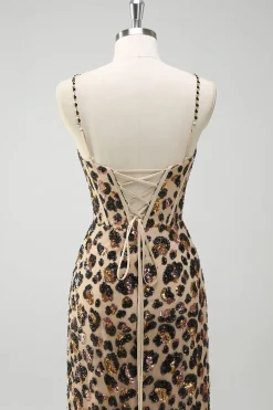 Khaki Leopard Sequins Sereia Esparguete Correias Vestido Espartilho Longo com Fenda