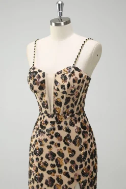 Khaki Leopard Sequins Sereia Esparguete Correias Vestido Espartilho Longo com Fenda