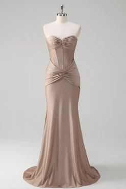 Khaki Sereia Espartilho sem alças Vestido de baile plissado