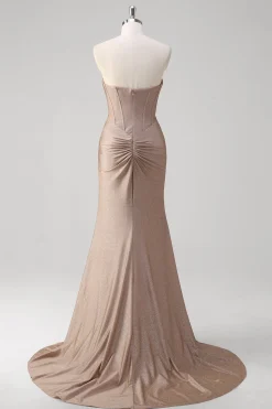 Khaki Sereia Espartilho sem alças Vestido de baile plissado