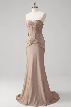 Khaki Sereia Espartilho sem alças Vestido de baile plissado