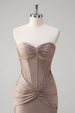 Khaki Sereia Espartilho sem alças Vestido de baile plissado