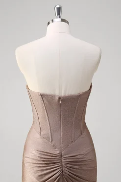 Khaki Sereia Espartilho sem alças Vestido de baile plissado