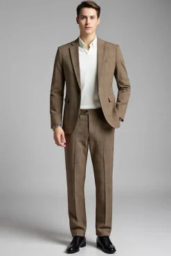 Khaki Slim Fit 2 Peça Notched Lapela Plaid Fato Homem