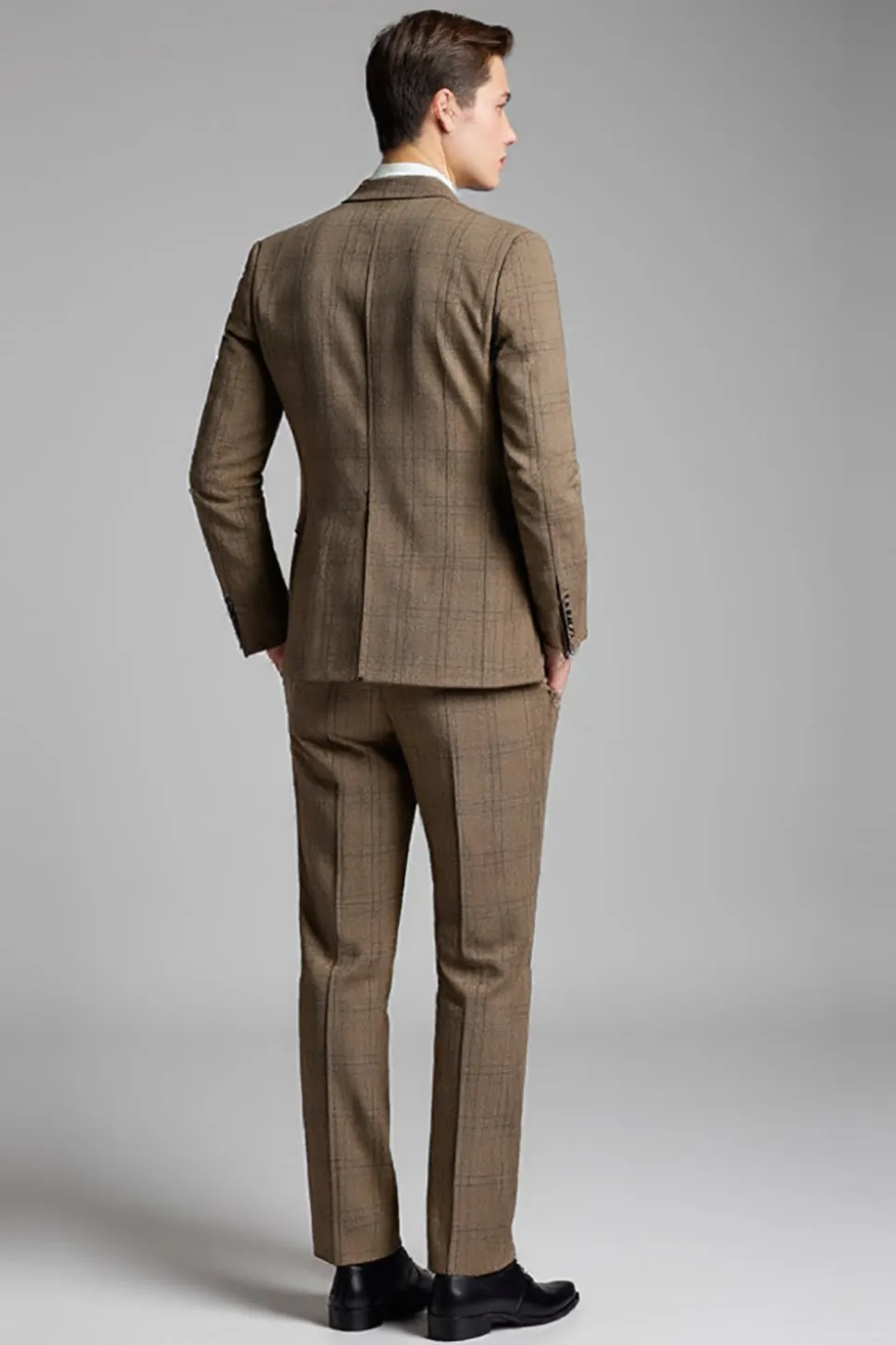 Khaki Slim Fit 2 Peça Notched Lapela Plaid Fato Homem