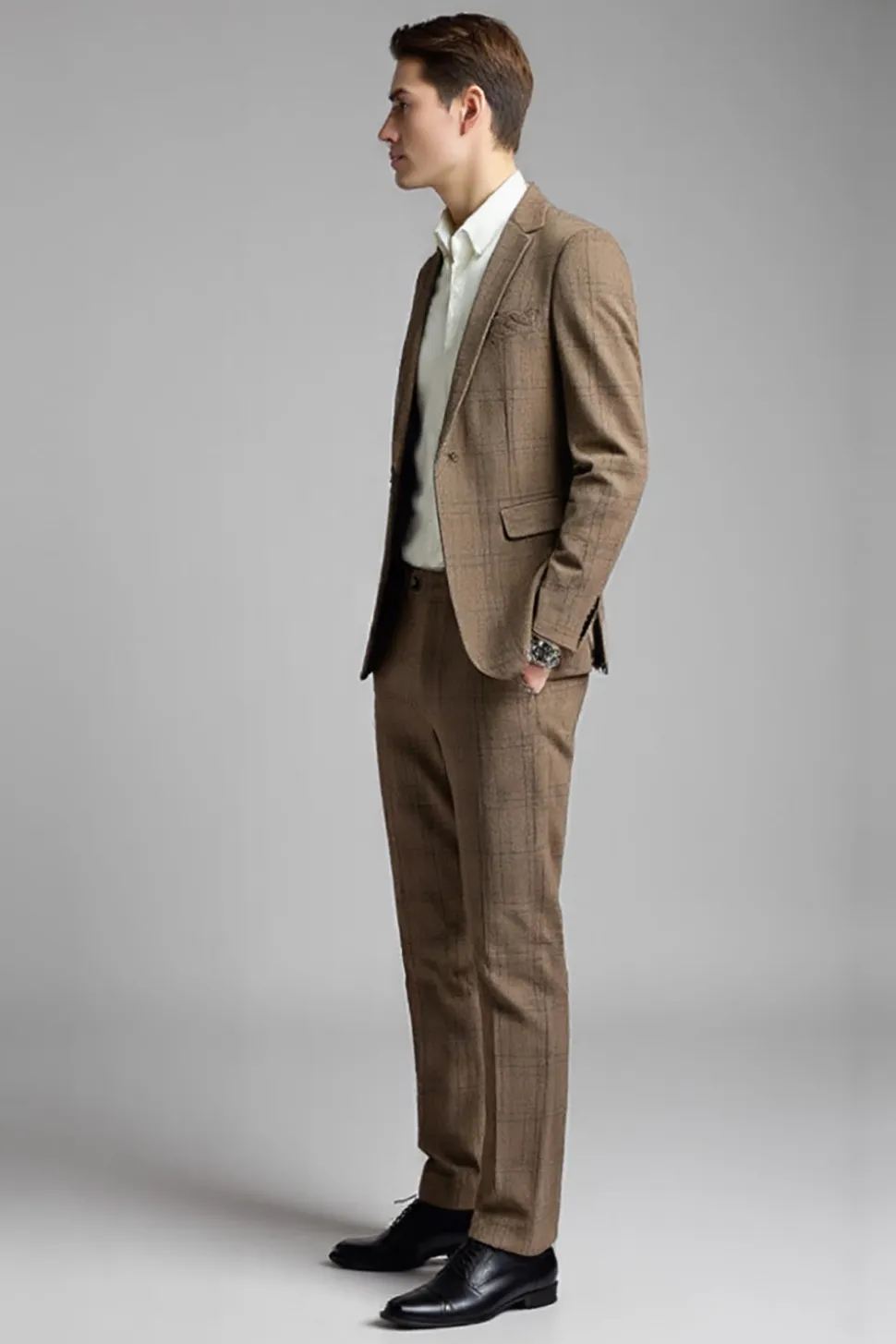 Khaki Slim Fit 2 Peça Notched Lapela Plaid Fato Homem