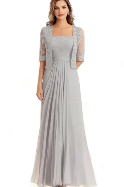Lace Appliques Silver Square Neck 2 peças meias mangas mãe do vestido da noiva