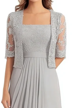 Lace Appliques Silver Square Neck 2 peças meias mangas mãe do vestido da noiva