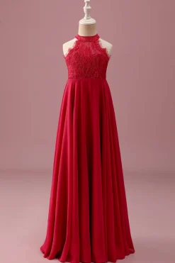 Lace Halter Red A Line Chiffon Ruched Junior Vestido de Madrinha Júnior