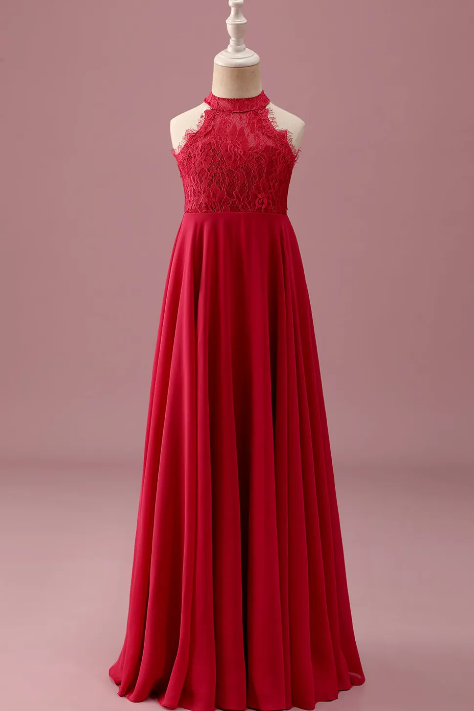 Lace Halter Red A Line Chiffon Ruched Junior Vestido de Madrinha Júnior