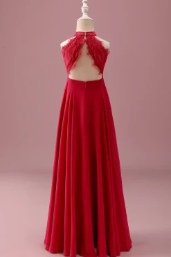 Lace Halter Red A Line Chiffon Ruched Junior Vestido de Madrinha Júnior