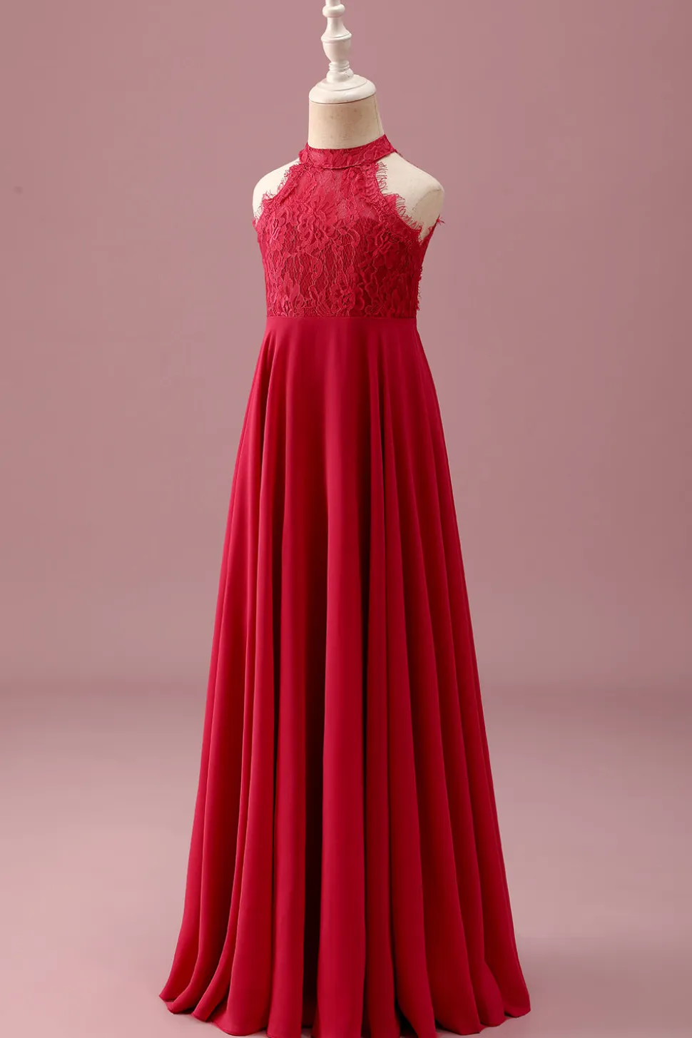 Lace Halter Red A Line Chiffon Ruched Junior Vestido de Madrinha Júnior