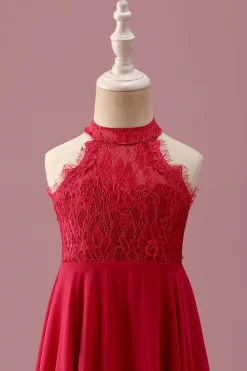 Lace Halter Red A Line Chiffon Ruched Junior Vestido de Madrinha Júnior