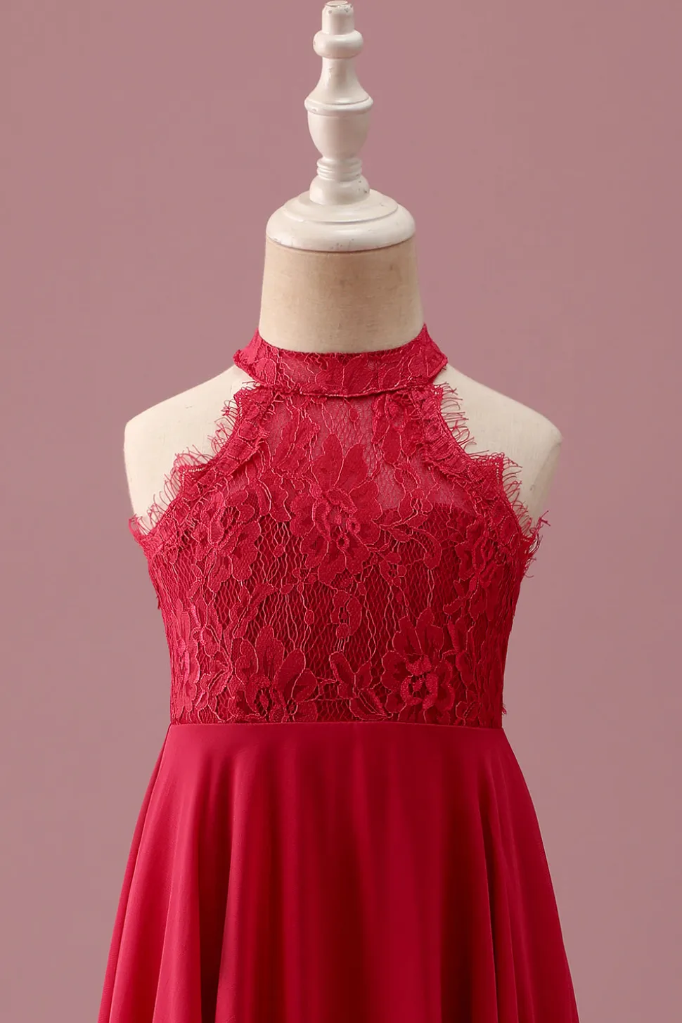 Lace Halter Red A Line Chiffon Ruched Junior Vestido de Madrinha Júnior