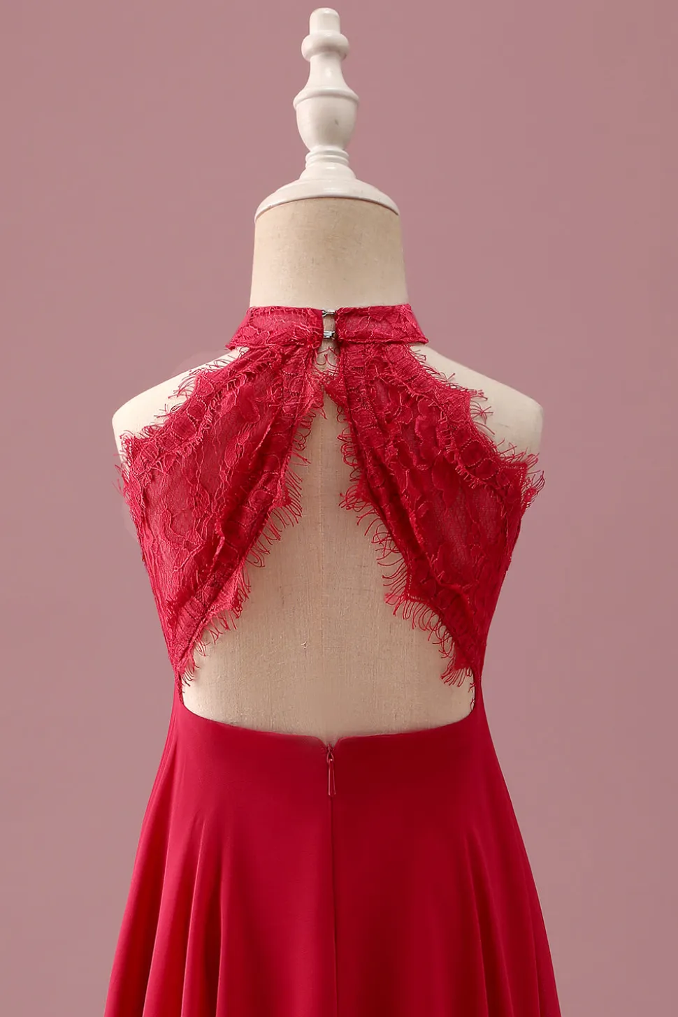 Lace Halter Red A Line Chiffon Ruched Junior Vestido de Madrinha Júnior