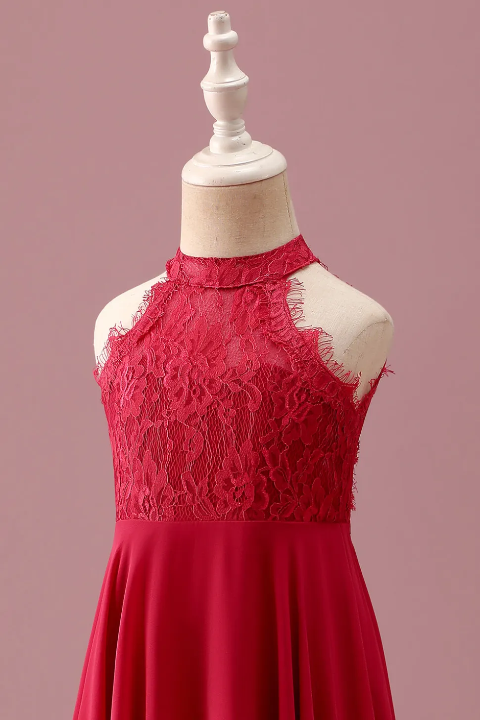 Lace Halter Red A Line Chiffon Ruched Junior Vestido de Madrinha Júnior