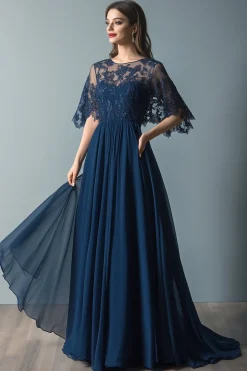 Lace Navy Scoop Neck Ruched A Line Flare Mangas Mãe do Vestido da Noiva