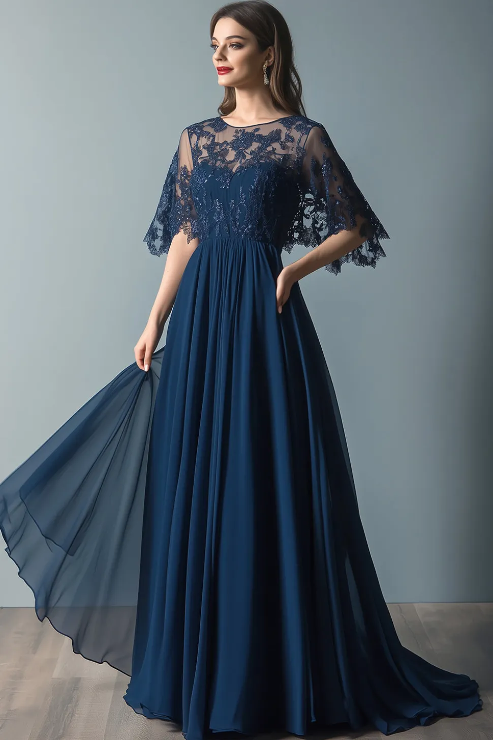 Lace Navy Scoop Neck Ruched A Line Flare Mangas Mãe do Vestido da Noiva