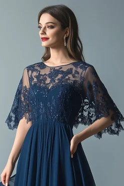 Lace Navy Scoop Neck Ruched A Line Flare Mangas Mãe do Vestido da Noiva