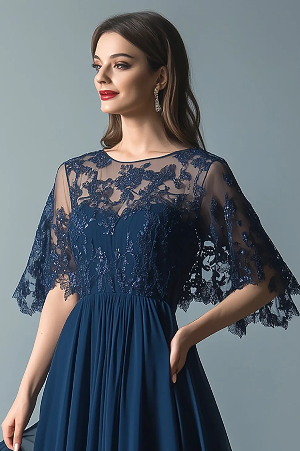 Lace Navy Scoop Neck Ruched A Line Flare Mangas Mãe do Vestido da Noiva