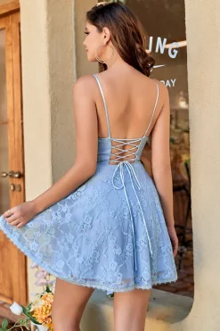Lace Spaghetti Straps Vestido de homecoming azul
