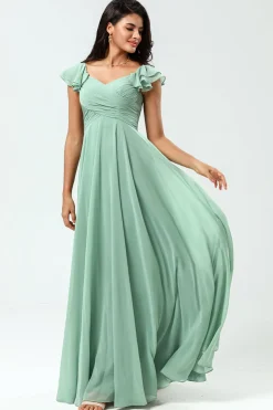 Lace-Up Back A Line Chiffon Vestido Verde Madrinha com Folhos