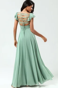 Lace-Up Back A Line Chiffon Vestido Verde Madrinha com Folhos
