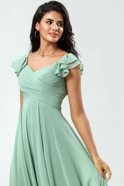 Lace-Up Back A Line Chiffon Vestido Verde Madrinha com Folhos