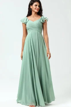 Lace-Up Back A Line Chiffon Vestido Verde Madrinha com Folhos