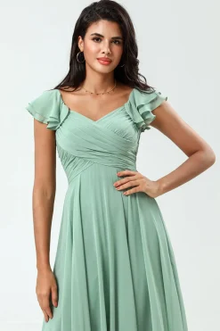 Lace-Up Back A Line Chiffon Vestido Verde Madrinha com Folhos