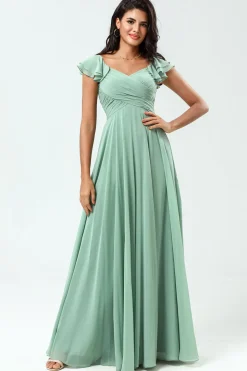 Lace-Up Back A Line Chiffon Vestido Verde Madrinha com Folhos