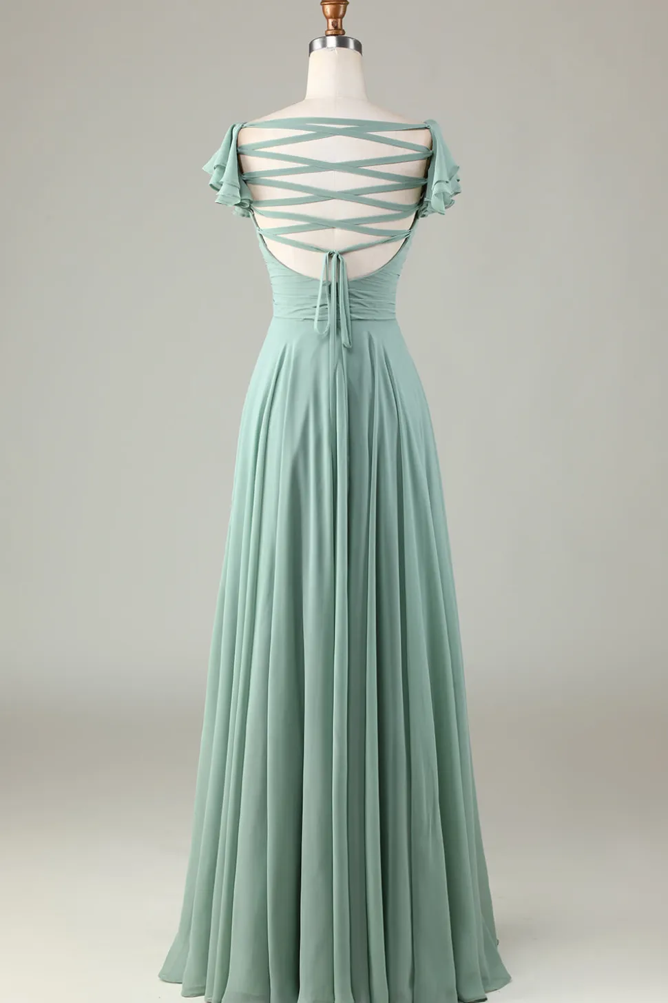 Lace-Up Back Matcha vestido de dama de honra com babados