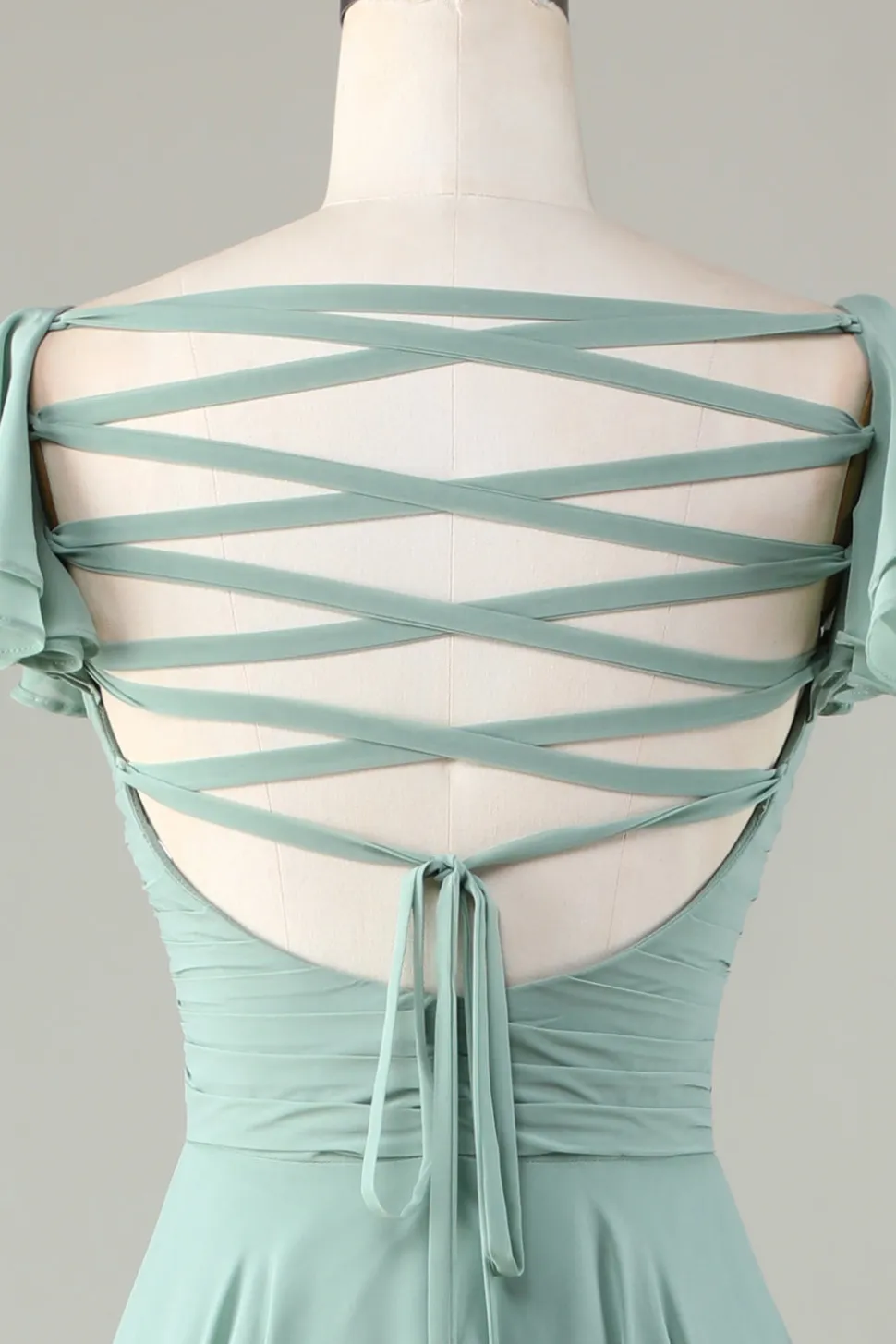 Lace-Up Back Matcha vestido de dama de honra com babados