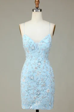 Lantejoulas Azuis Brilhantes Flores Apertado Vestido Curto Homecoming
