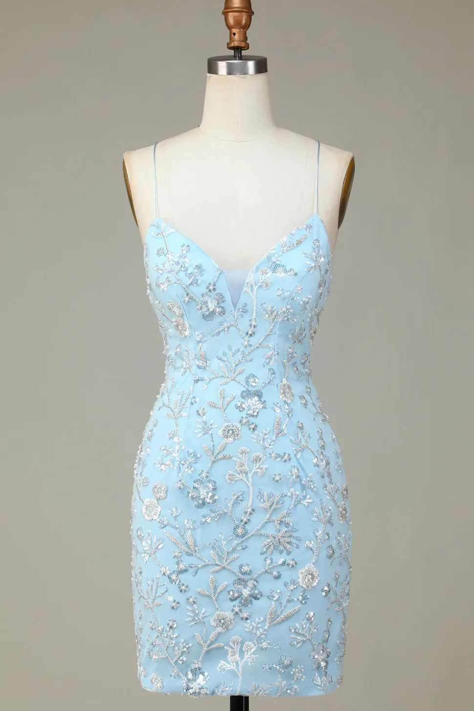 Lantejoulas Azuis Brilhantes Flores Apertado Vestido Curto Homecoming