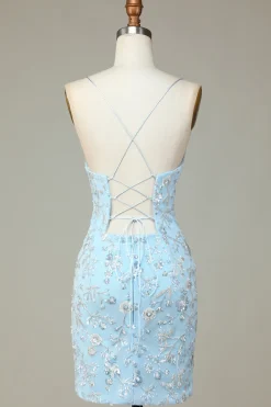 Lantejoulas Azuis Brilhantes Flores Apertado Vestido Curto Homecoming