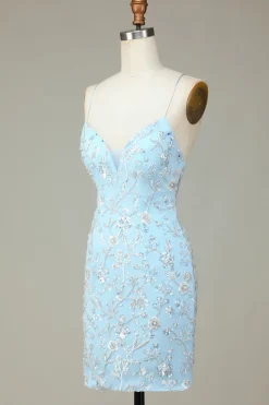 Lantejoulas Azuis Brilhantes Flores Apertado Vestido Curto Homecoming