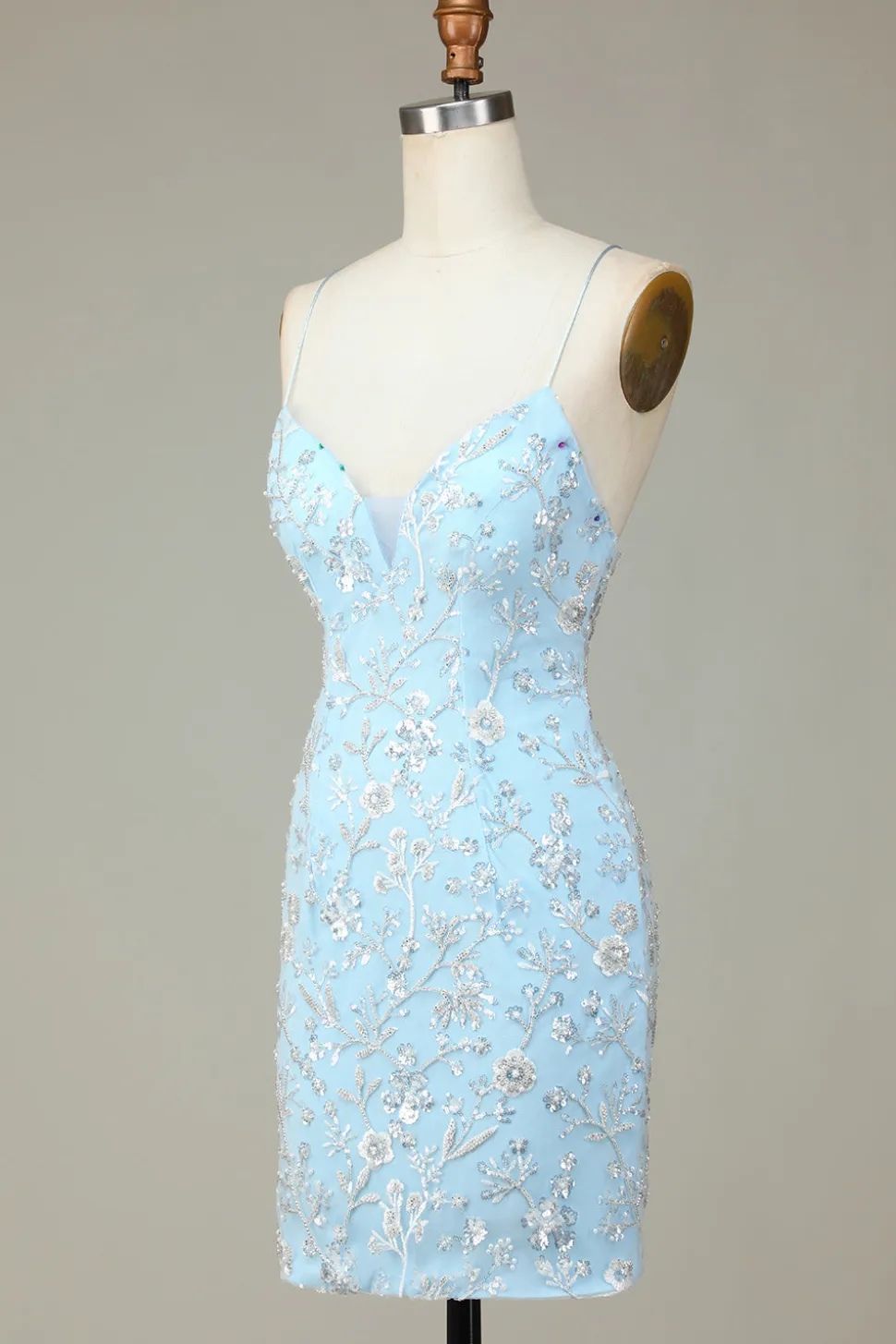 Lantejoulas Azuis Brilhantes Flores Apertado Vestido Curto Homecoming