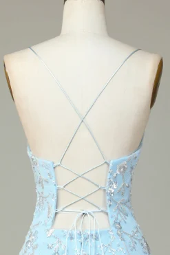Lantejoulas Azuis Brilhantes Flores Apertado Vestido Curto Homecoming