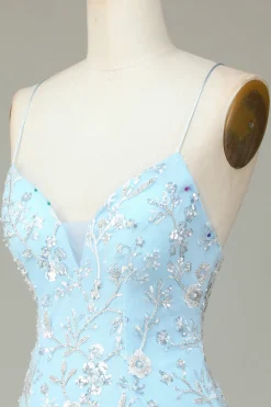 Lantejoulas Azuis Brilhantes Flores Apertado Vestido Curto Homecoming