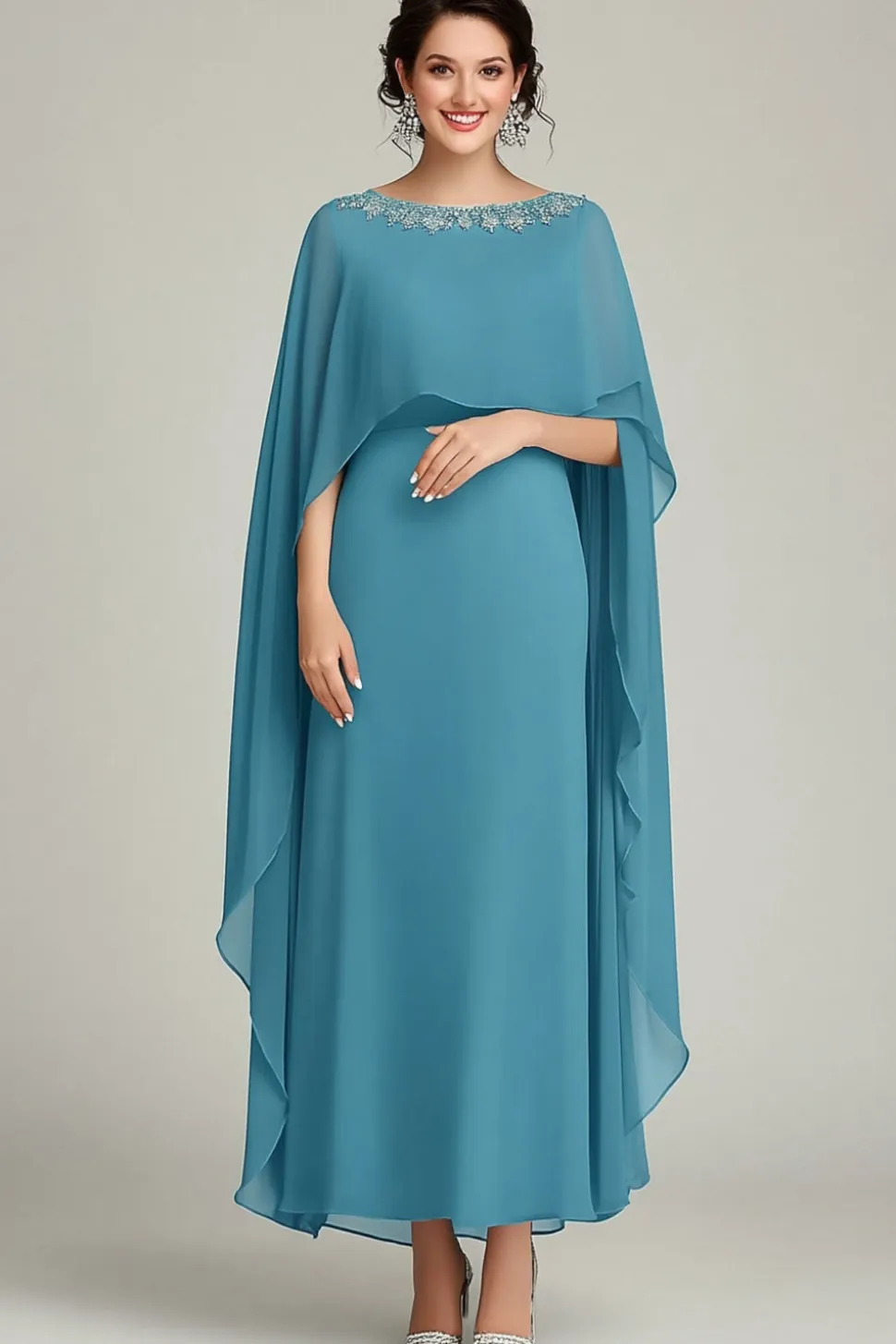 Lantejoulas Azuis Brilhantes Pescoço Redondo Longo Mãe Do Vestido Da Noiva Com Folhos