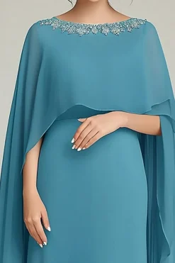 Lantejoulas Azuis Brilhantes Pescoço Redondo Longo Mãe Do Vestido Da Noiva Com Folhos
