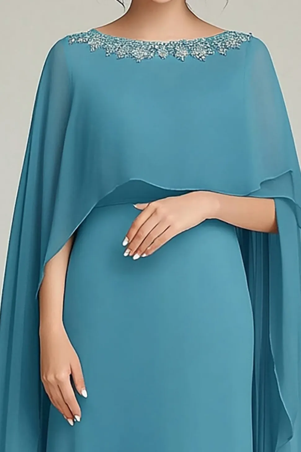 Lantejoulas Azuis Brilhantes Pescoço Redondo Longo Mãe Do Vestido Da Noiva Com Folhos