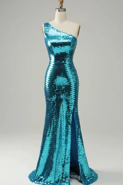 Lantejoulas azuis um ombro vestido de baile