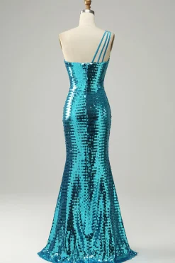 Lantejoulas azuis um ombro vestido de baile