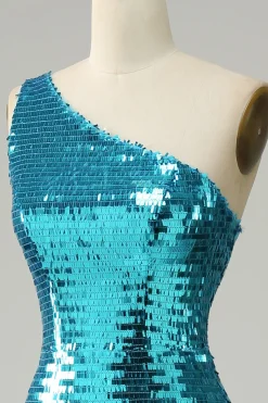 Lantejoulas azuis um ombro vestido de baile