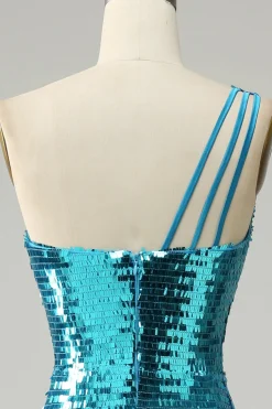 Lantejoulas azuis um ombro vestido de baile