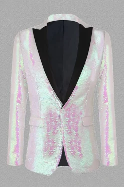 Lantejoulas Branco Lapela de Pico Blazer Masculino